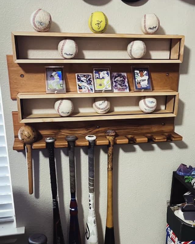 Wall-mounted wooden display for baseballs, cards and bats